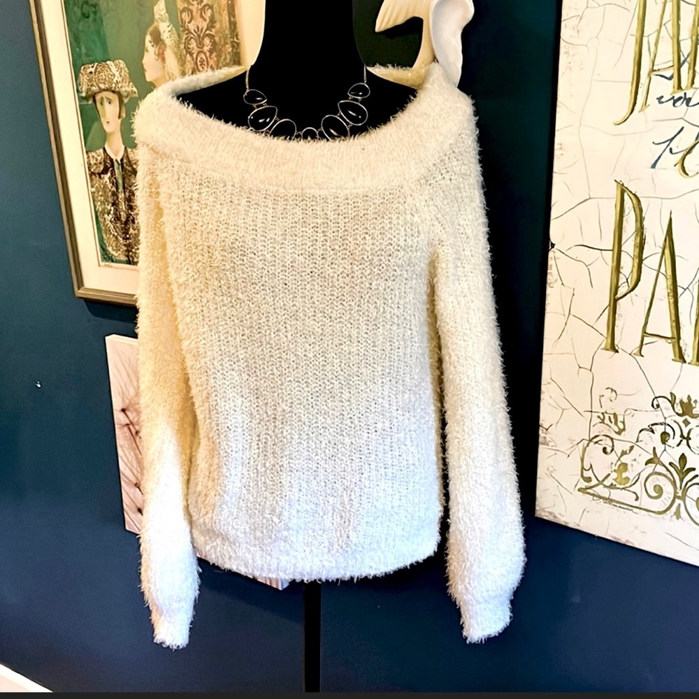 NEW Whip-cream Fuzzy Sweater with beautiful neckline!